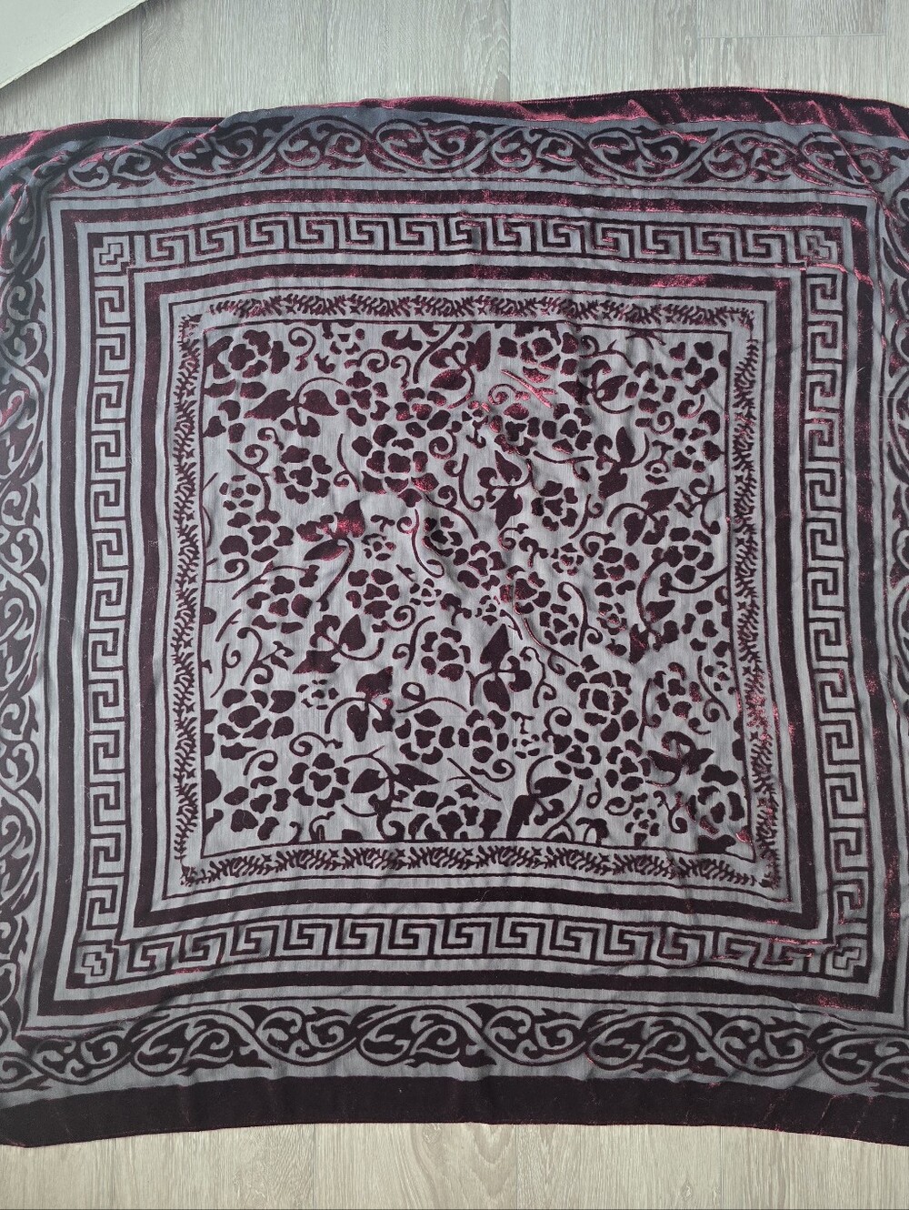 Large Silk Velvet Burnout Square Scarf Burgundy Greek Key Floral Devore Wrap